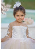 Long Sleeves Lace Tulle Pearl Buttons Back Dreamy Flower Girl Dress